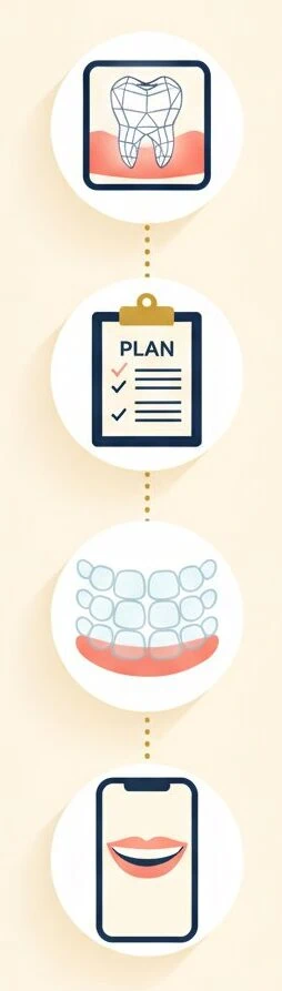 Clear aligner treatment steps: scan, plan, trays, and phone monitoring