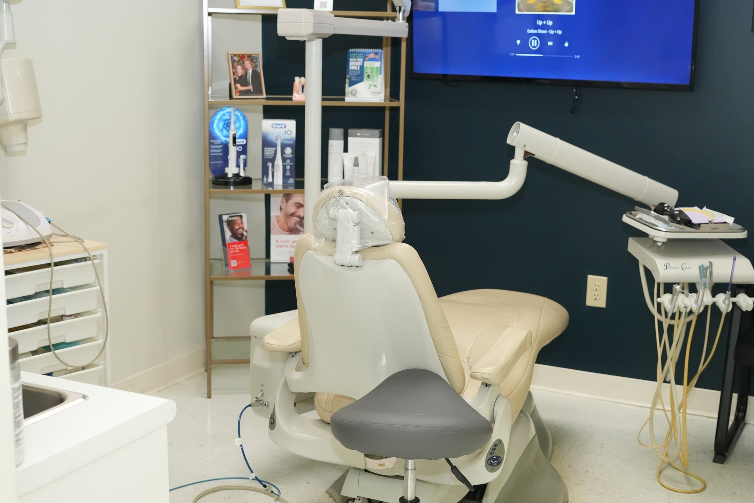 Modern dental operatory with overhead TV at Spring Hope Family Dentistry